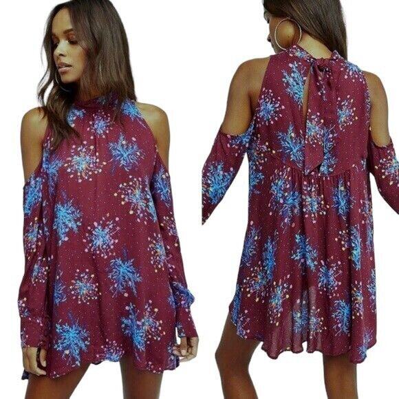 Free People Kaleidoscope Dream Tunic Top Blouse Micro Mini Dress S Cold Shoulder - Picture 1 of 12